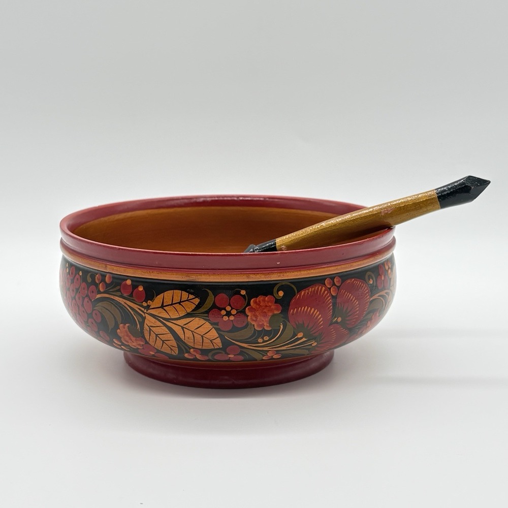 Russian Art Khokhloma Wooden Bowl Matching Spoon Traditional Floral Berry Design - Picture 3 of 16